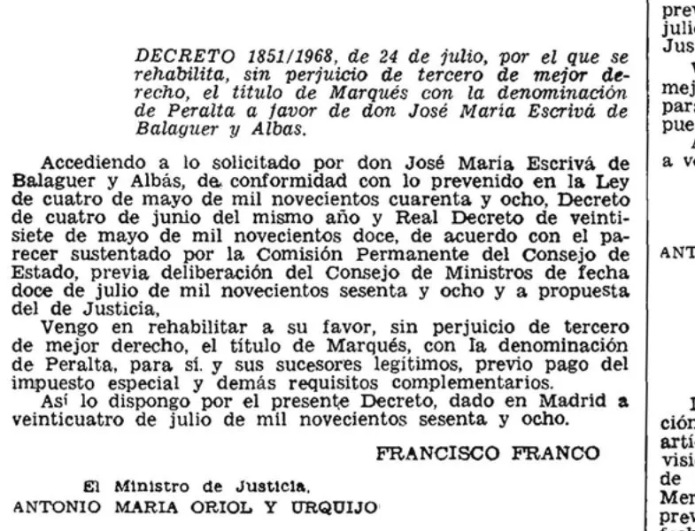 Text dekretu ve věstníku: Decreto 1851/1968, de 24 de julio, s podpisem Francisca Franka a ministra spravedlnosti.